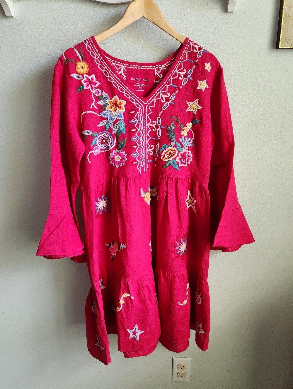 Karyn Seo Pink Linen Embroidered Floral Dress  Size LARGE